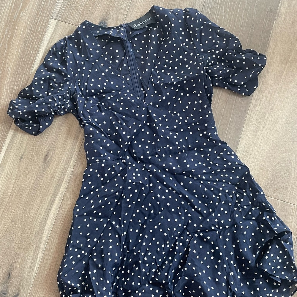Realisation Par The Ozzie Navy Silk Dress with White Stars